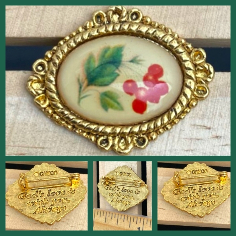 Vintage 1" ©️CAMCO Red Flower "God's Love is with you Always" Gold Brooch